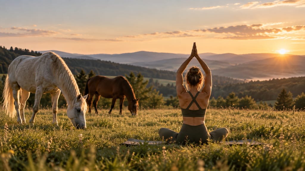 Horse yoga na louce: žena v jógové pozici mezi pasoucími se koňmi, za ní východ slunce nad jižní Moravou