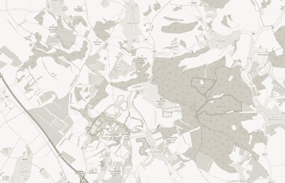 Mapa okolí: Eko Farma Holý Vrch u Kurdějova, Hustopeče a dálnice D2